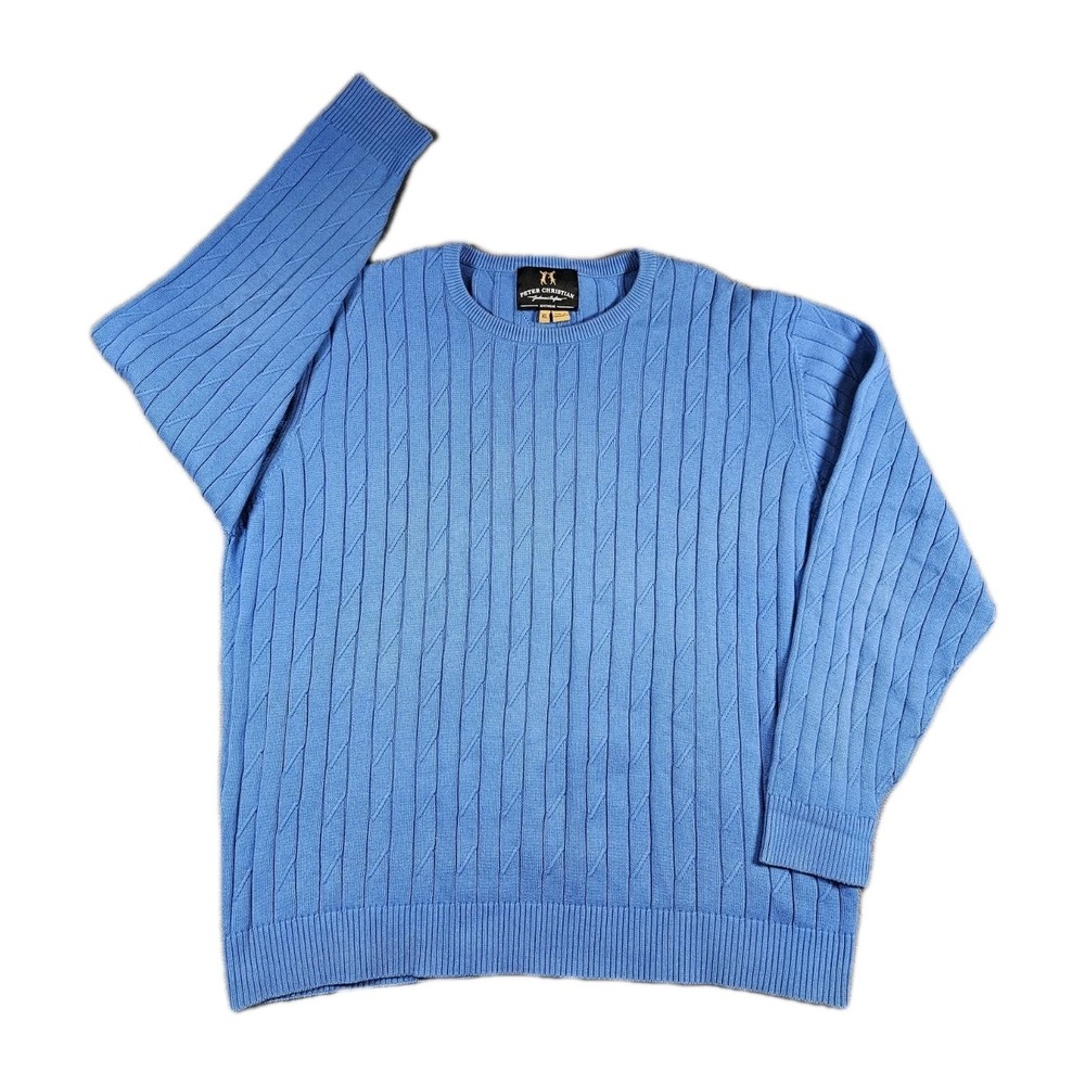 Peter Christian Men's Cable Knit Sweater Blue Cotton Crewneck XL Gentlemens‎